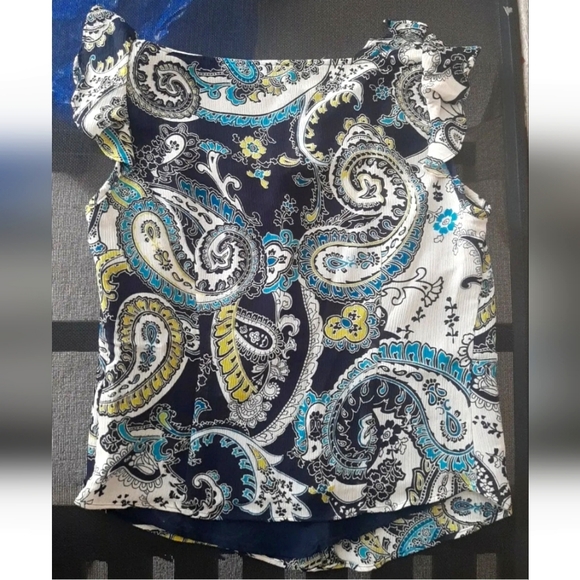 Liz Claiborne Black Blue Ruffle Paisley Cap Sleev Casual Dress Blouse Sz 6 Small - Picture 8 of 11